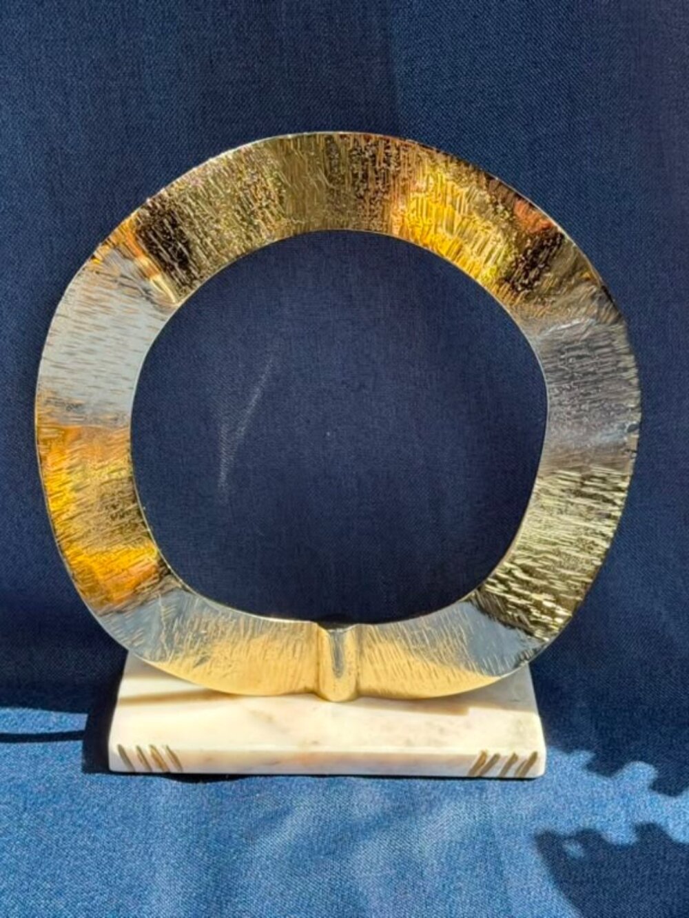 Modernist Gold Brass Abstract O Ring Sculpture White Marble Base